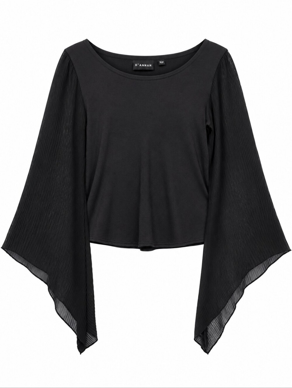 D'Annah Black Pleated Bell-Sleeve Crop Blouse